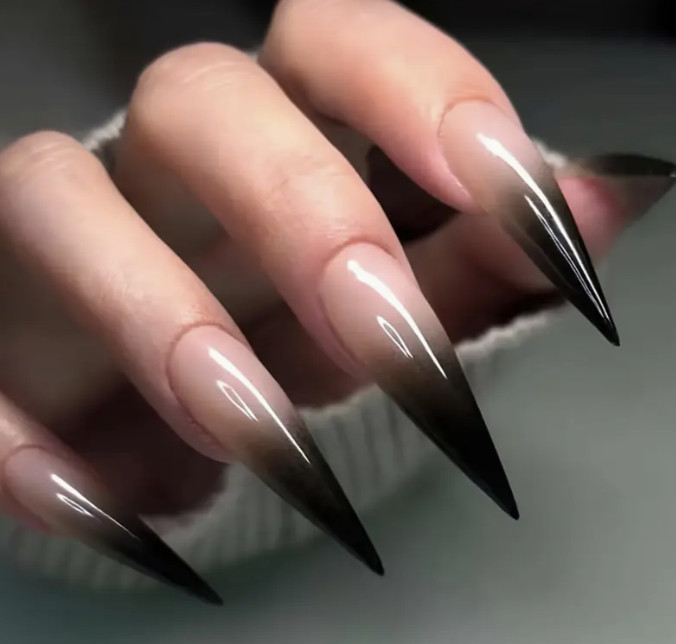 24 Pcs Press-On Nails Long Stiletto Glossy Black Ombre