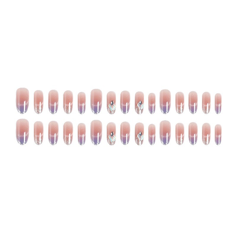 60pcs-Glitter Cat Eye Press on Nails, Almond Nude with Blue Sheen & Gem Details