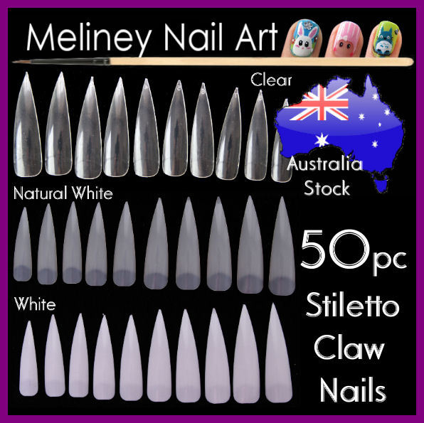 50pc Claw Nails Stiletto Tips with Divot False Fake Fingernails Long Clear White