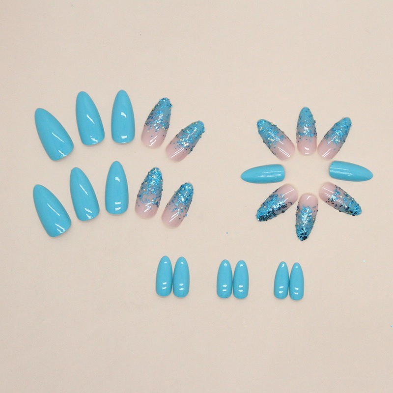 72pcs-Summer Vibe Press on Nails, Almond with Turquoise and Sparkly Glitter