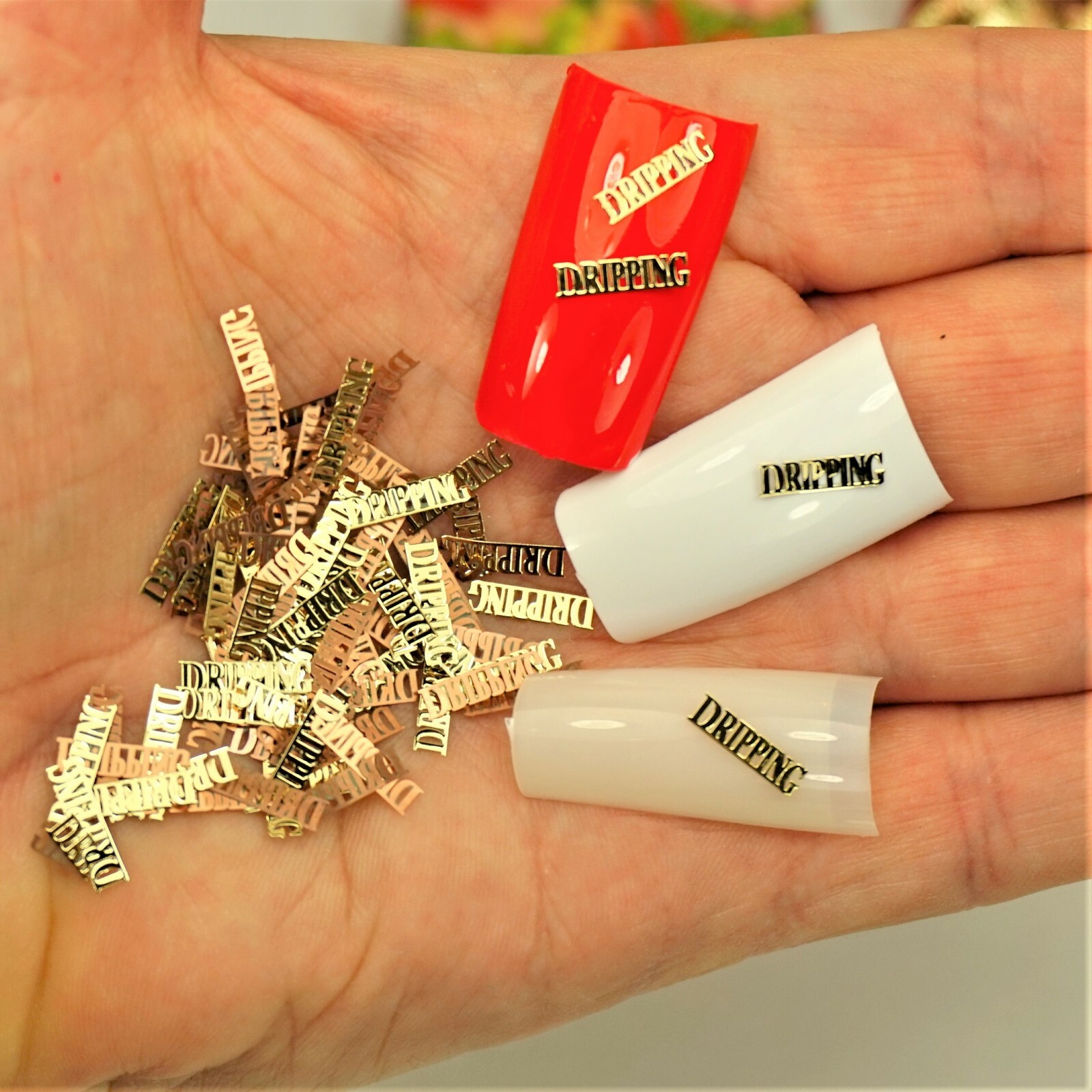 25 GOLD METAL “DRIPPING” NAIL CHARMS NAIL DECALS SMALL GIFT IN BOX FOR WOMEN