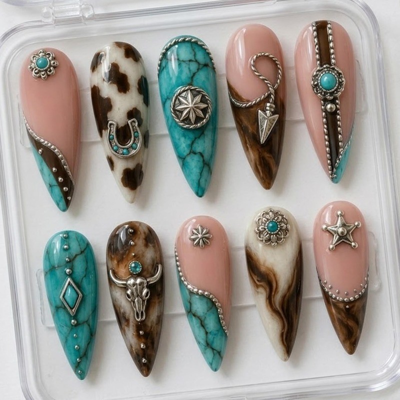 Custom Pure Handmade Nails Turquoise Western Silver Charm Leopard Manicure