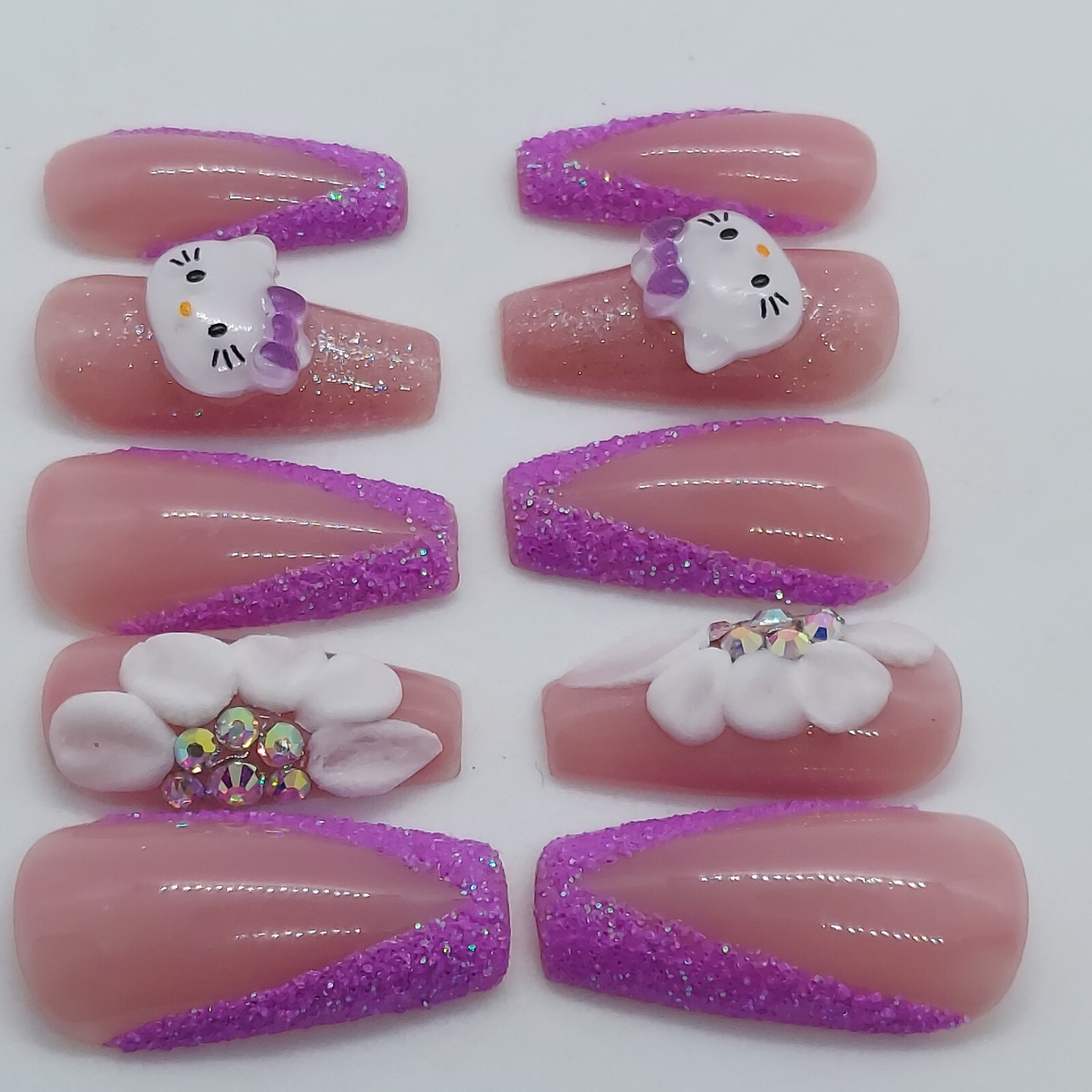 Kawaii Hello Kitty Cat Purple Deep V French Sugar Press on Nails Purple Nails