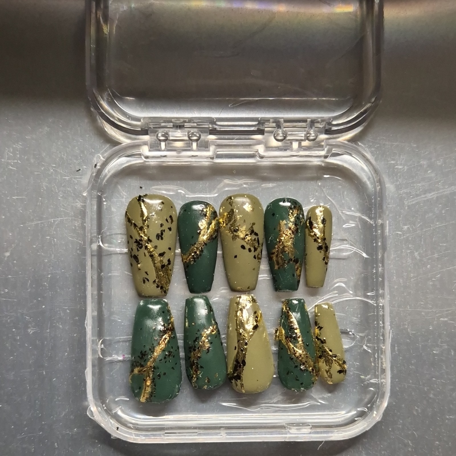 Green Gold Black Glitter Coffin Press-On Nails Pre-Designed Full Cover
