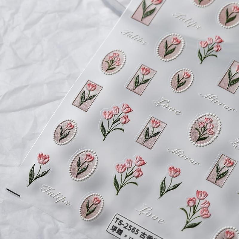 Flower Nail Stickers 5D Embossed Nail Art Stickers Decals Self 1 Pink Tulips