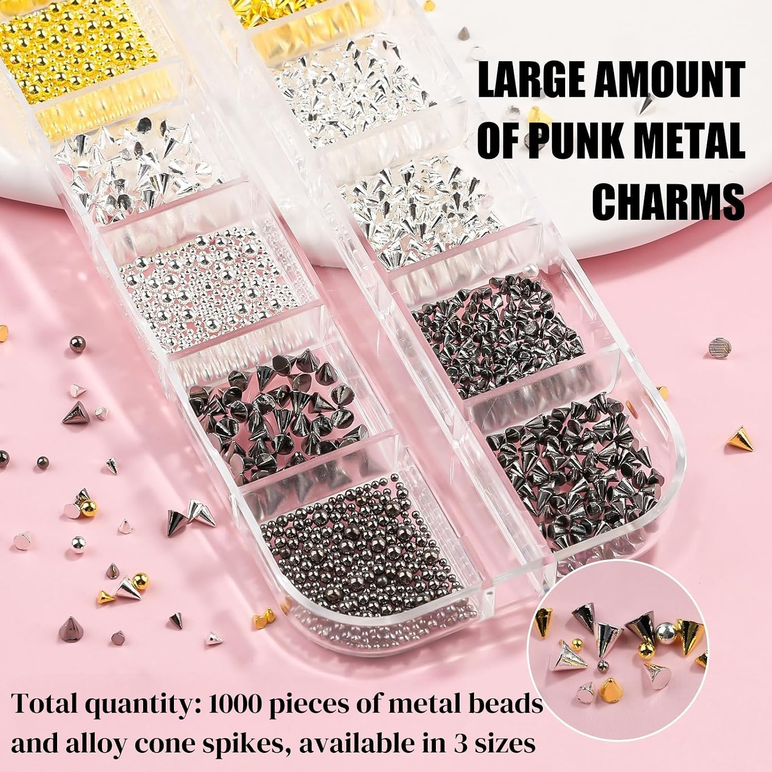 3D Mini Metal Punk Nail Art Studs, Mixed Sizes Gold Silver Black Alloy Cone Spik