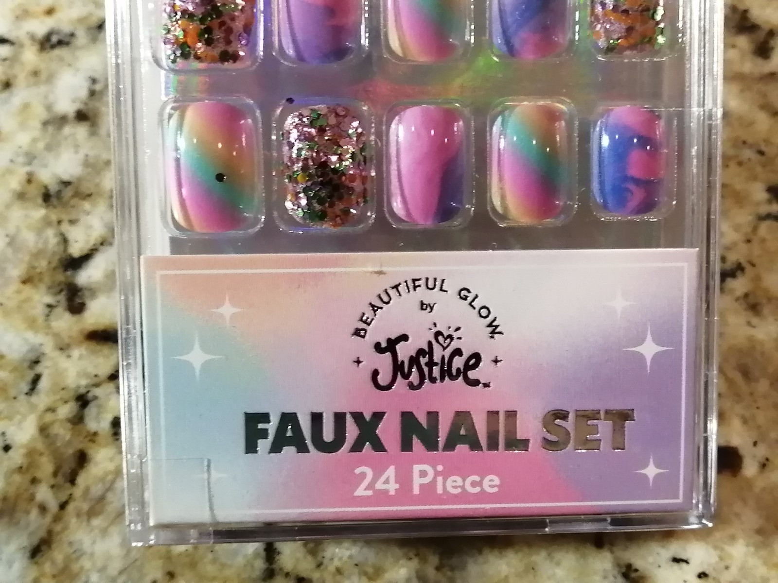 Justice for Girls Faux Nail Set Rainbow Pink Purple Swirl 24 ct