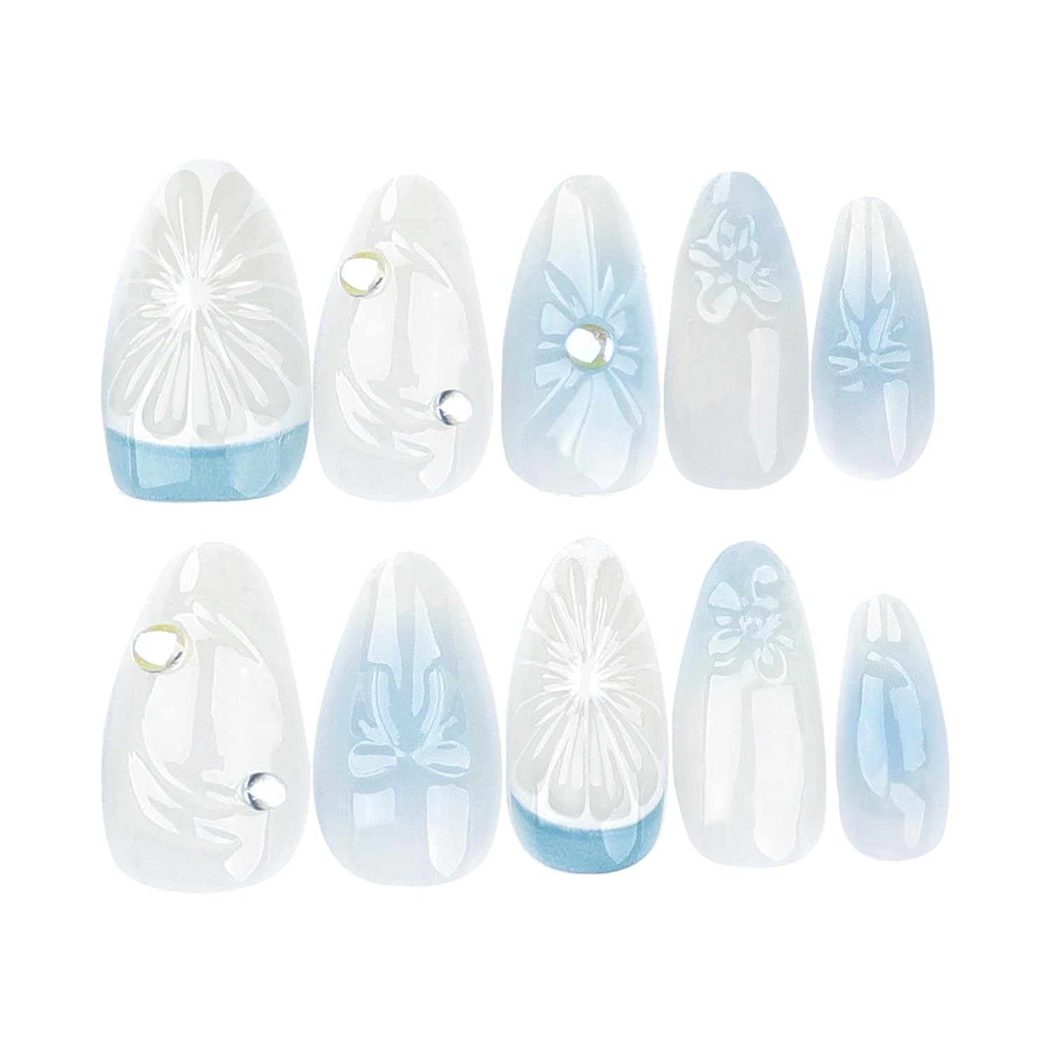 Medium Press on Nails Almond Fake Nails with 3D Lemon Design Blue Ombre Full …