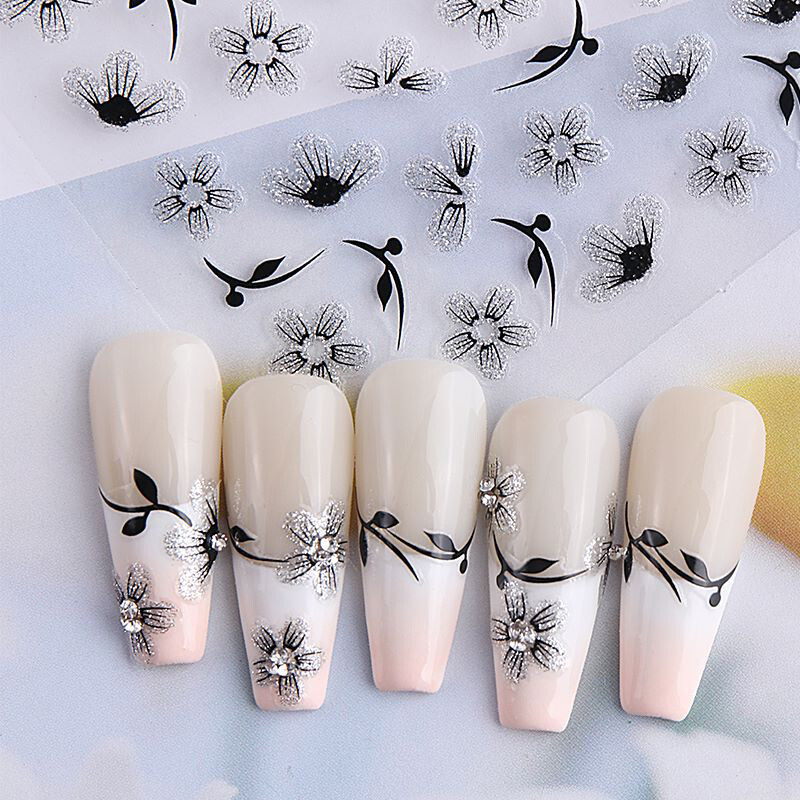 Hibiscus Glitter Gold & Silver Flower Nail Sticker Cherry Blossoms Nail Decal