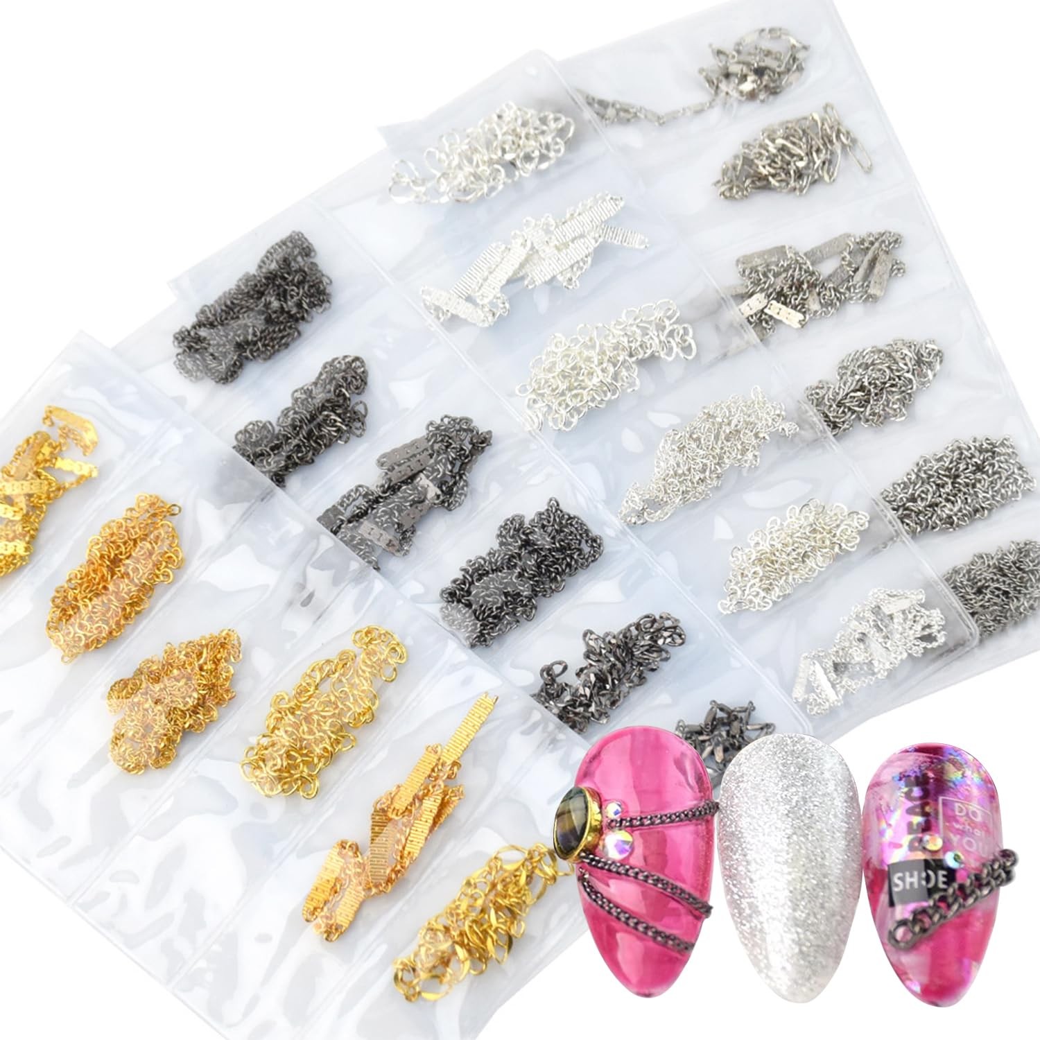 4 Packs of 24 Strips Nail Chains for Nail Art Gold Silver Black Alloy Metal N…