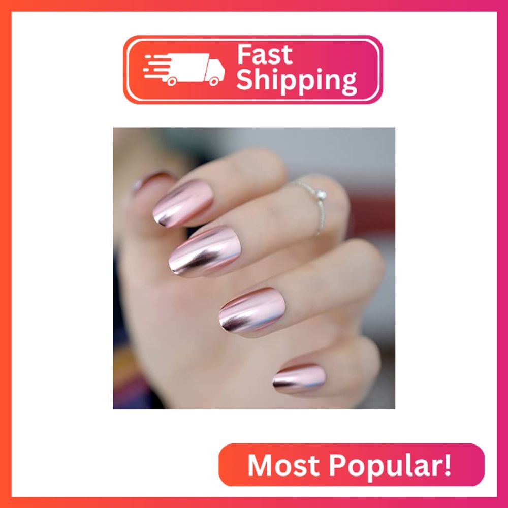Pink Metal Mirror Press on Nails – iMABC False Nails – Oval Short Length Chrome