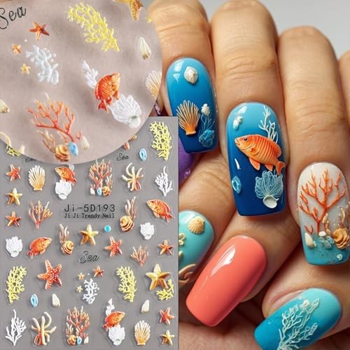 4 Sheets Summer Nail Art Stickers Decals 5D Embossed Self-Adhesive Ocean