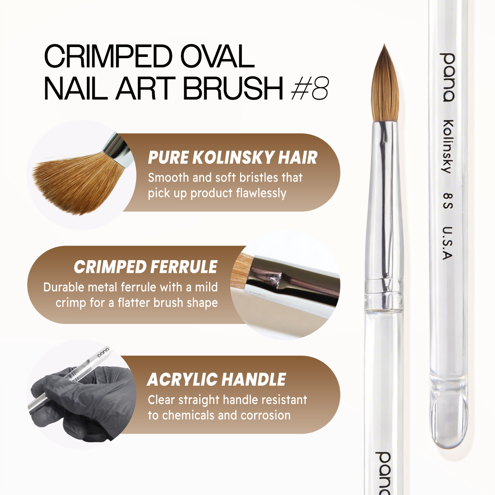 PANA Finest 100% Pure Kolinsky Nail Art Brush with Oval Acrylic Handle Size 8