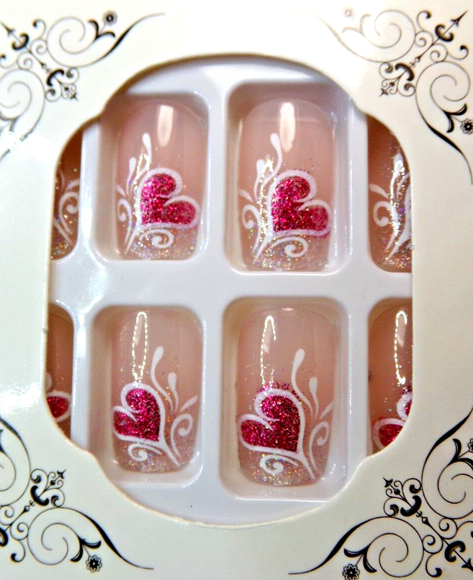Valentine’s Day Nails Pink & White with Heart Accents glue on Medium