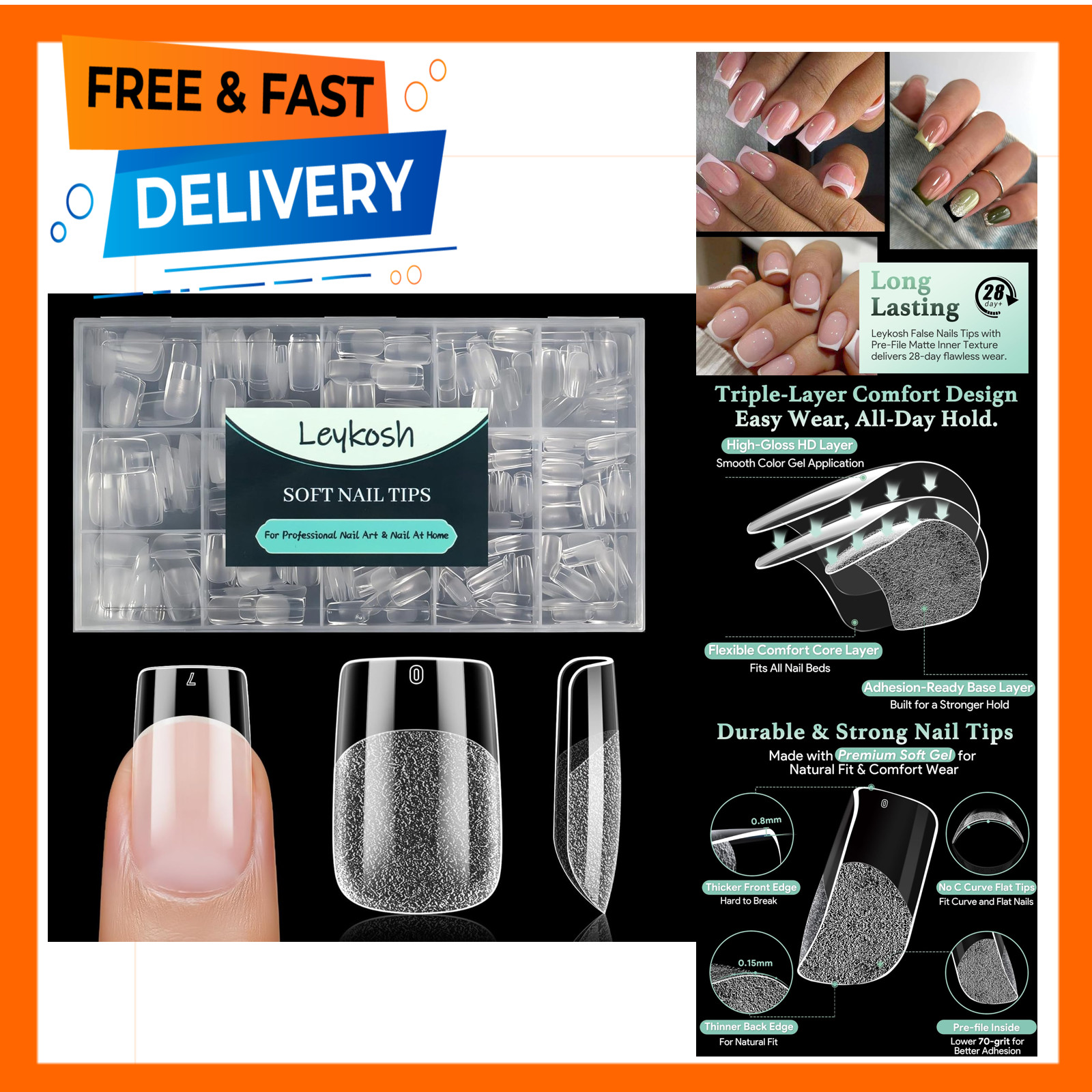 Short Square Nail Tips, Soft Gel Fake Nails, 15 Sizes, 330 Pieces, Clear, Half