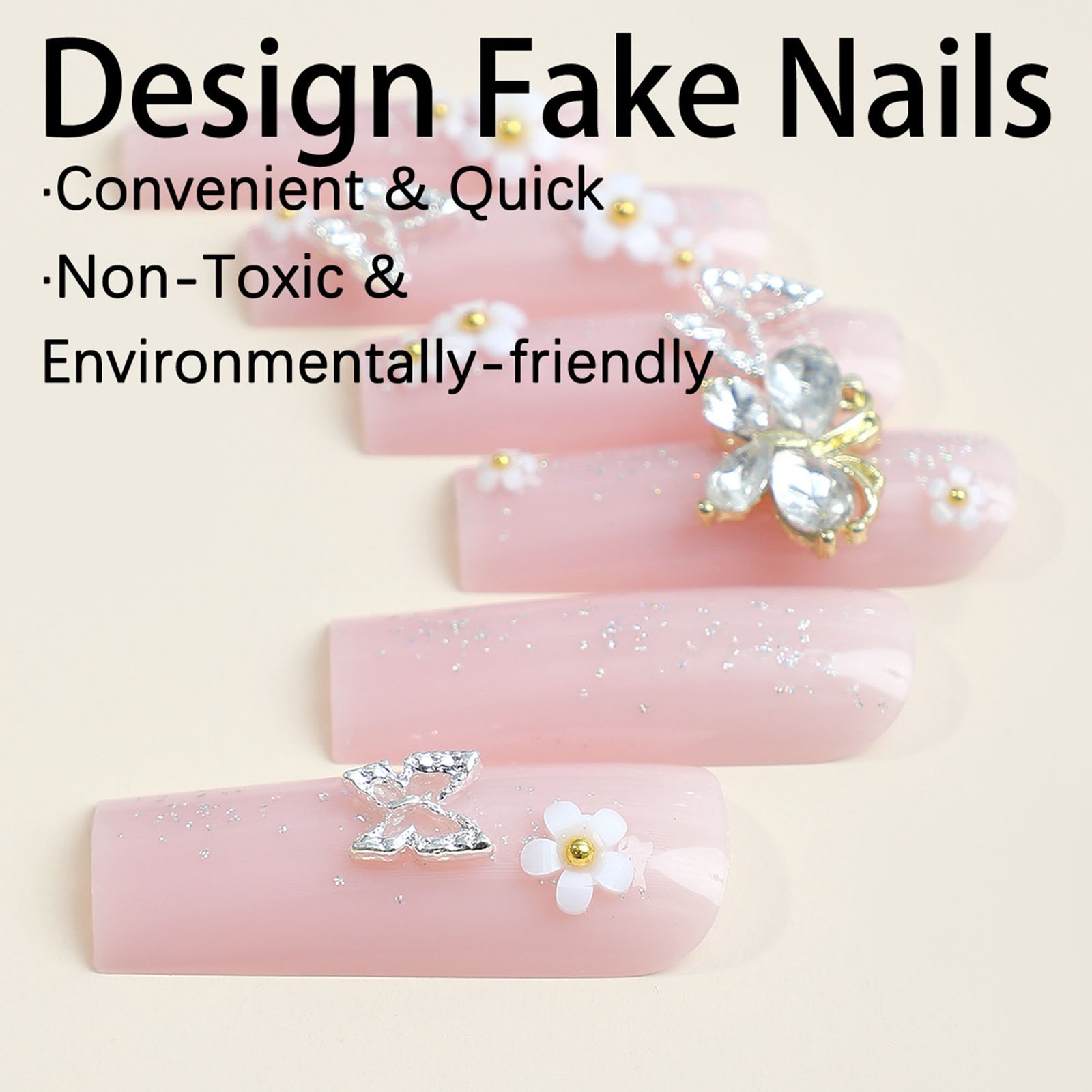 Elegant Long Nail Art Decals Silver Rhinestone Flower Butterfly Design 24 Pieces
