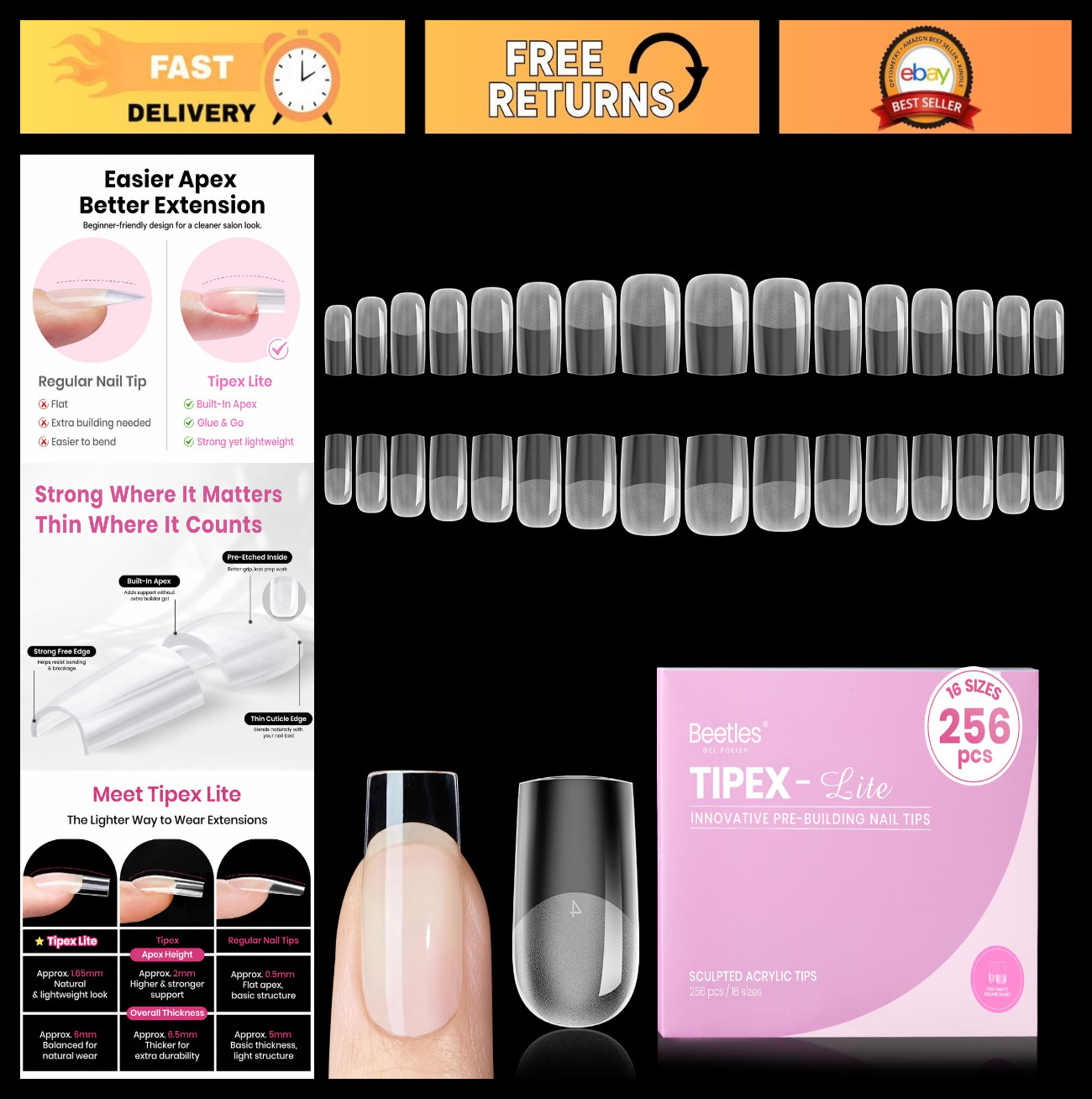 256pcs Short Square Nail Tips – No Builder Gel, 16 Sizes 00-14 for DIY Extension