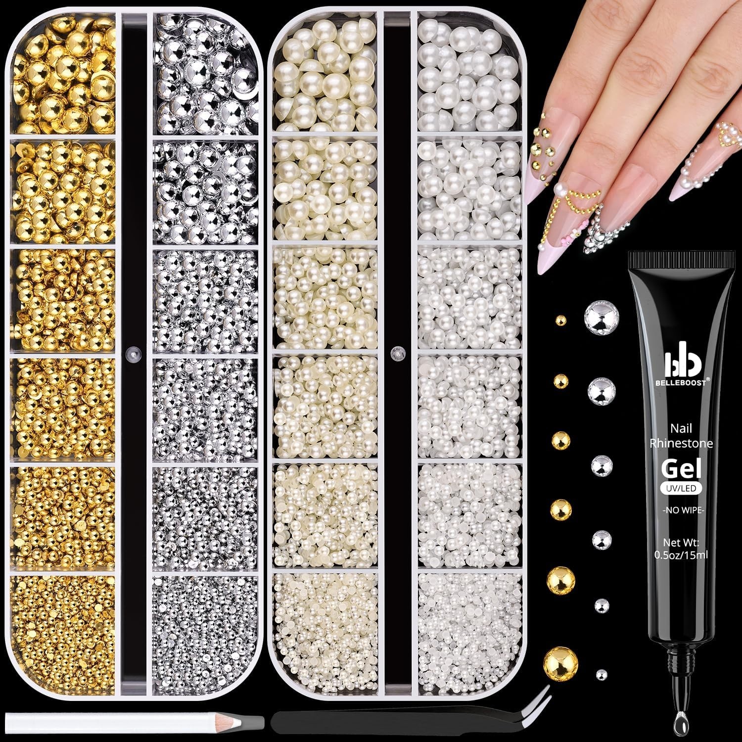 Elegant Nail Art Pearls & Adhesive Glue – 15 Durable Beads for Creative Projects