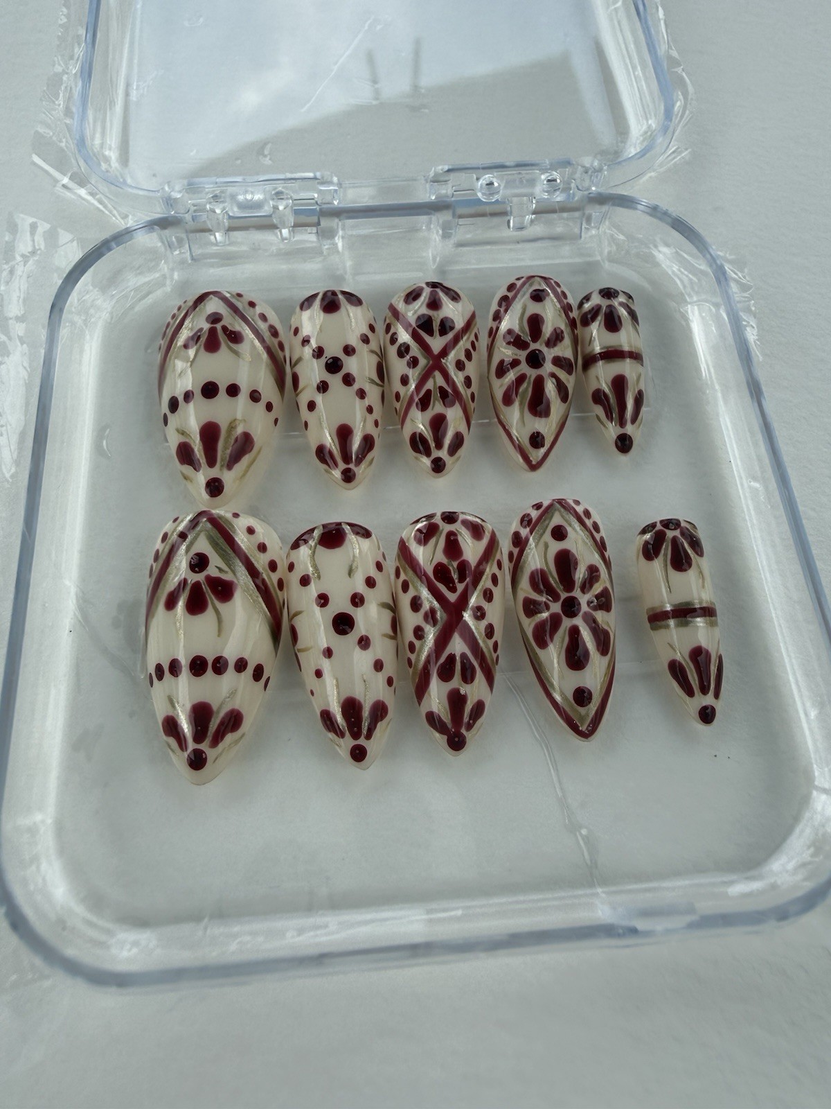 Press On Nails Handmade Apres Base Short Almond Beige Red Gold Design Size M Gel