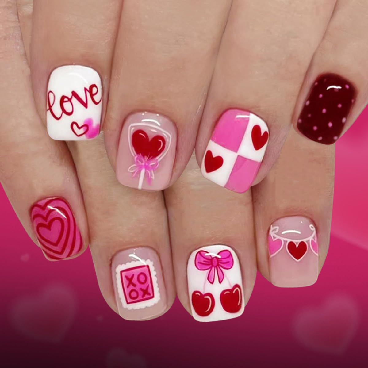24Pcs Valentines Day Press on Nails Short Square Pink Balloon Heart Design A03
