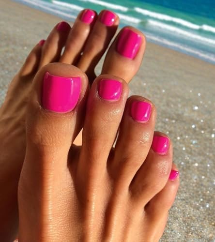 Hot Pink Press on Toenails Short Square Fake Toenails Glossy Acrylic Toe