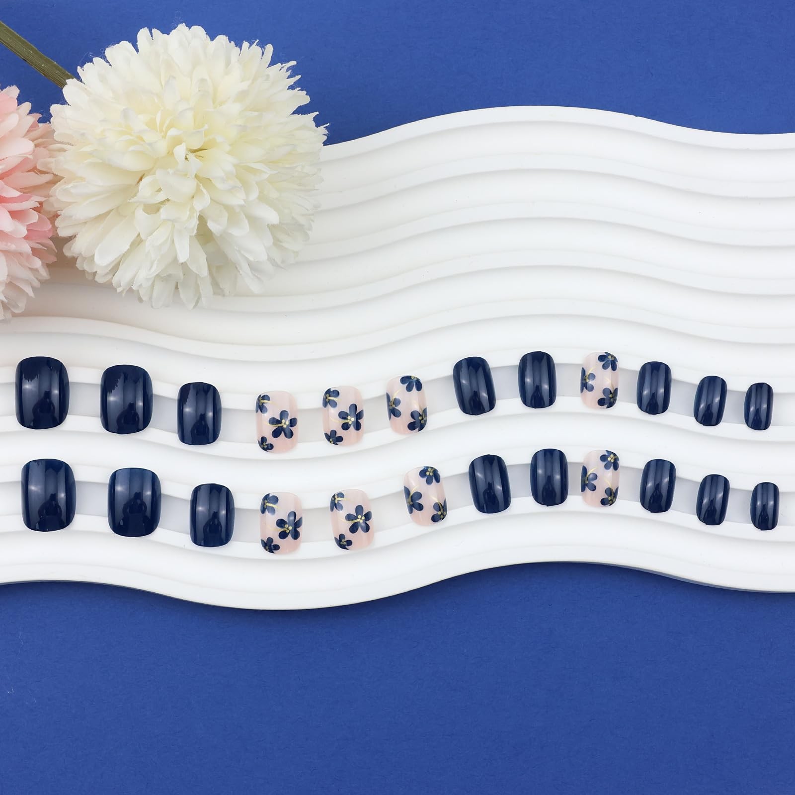 Spring Dark Blue Press on Nails Short Square Acrylic Nails Press ons Summer F…