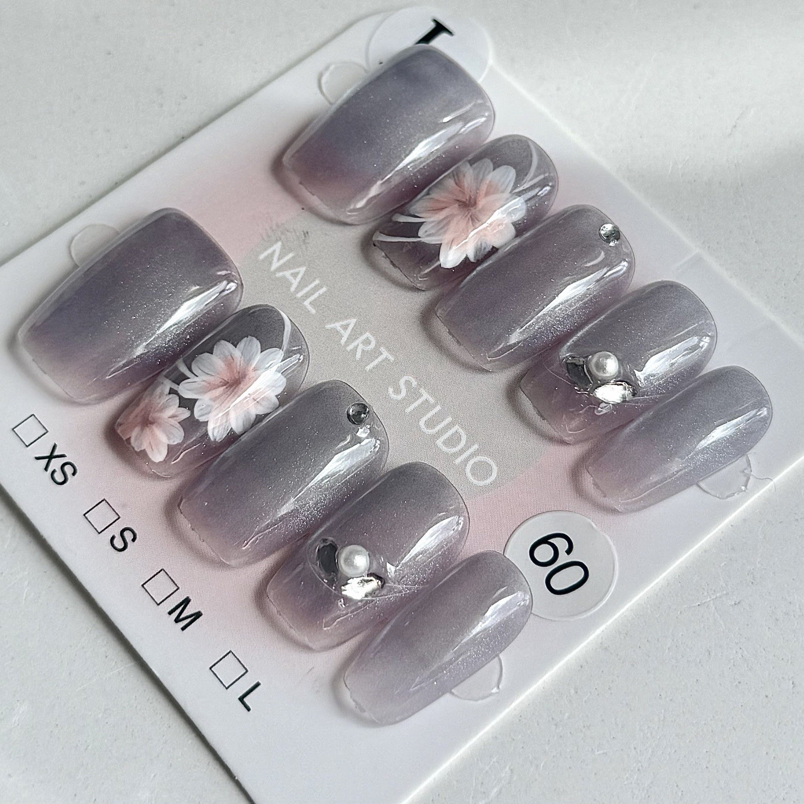 Hand Painted Flower Press-On Nails Medium Square Size L Reusable Fake Nail