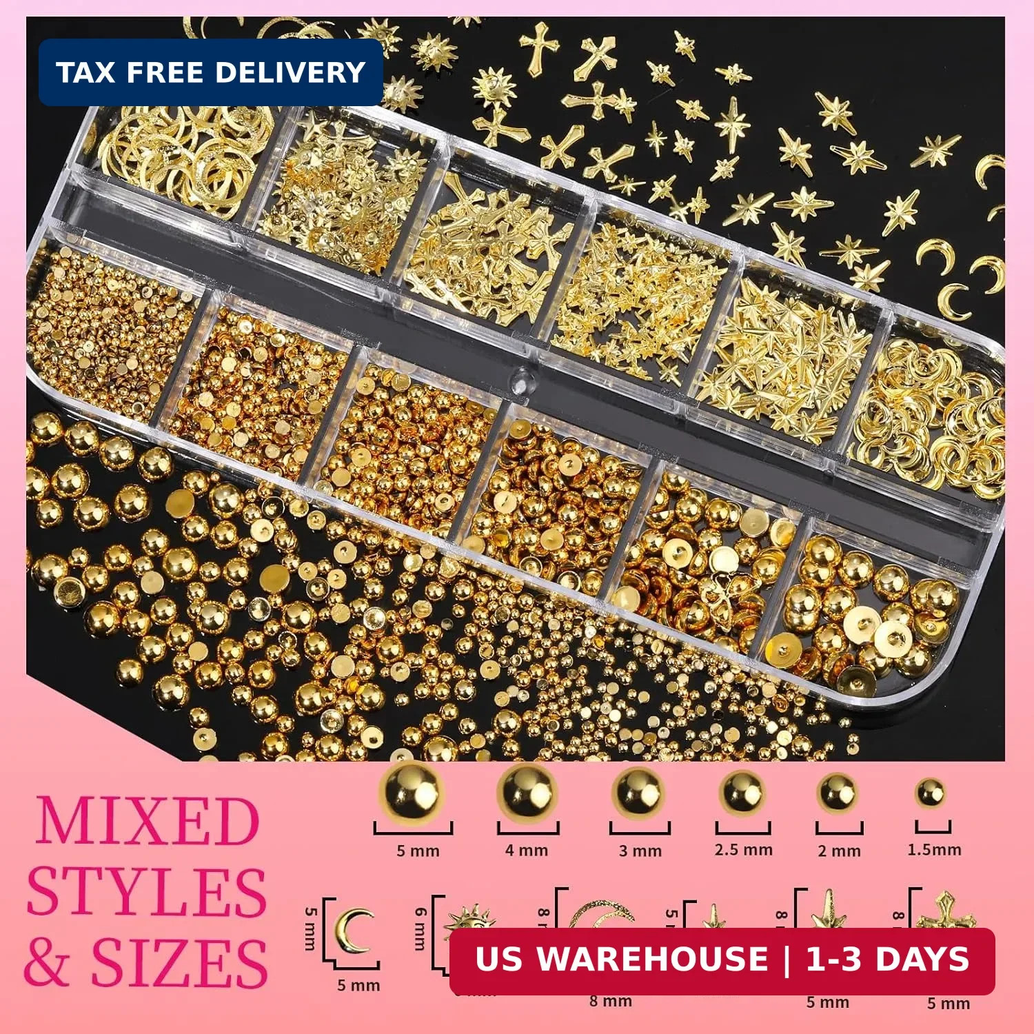Teenitor Gold Nail Charms with Flatback Nail Pearls, 3D Nail Charms and Gems for