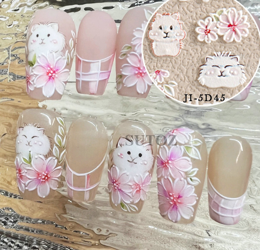 5D Embossed Pink Camellia Flowers Decals Nail Stickers Sliders Manicure JI5D45