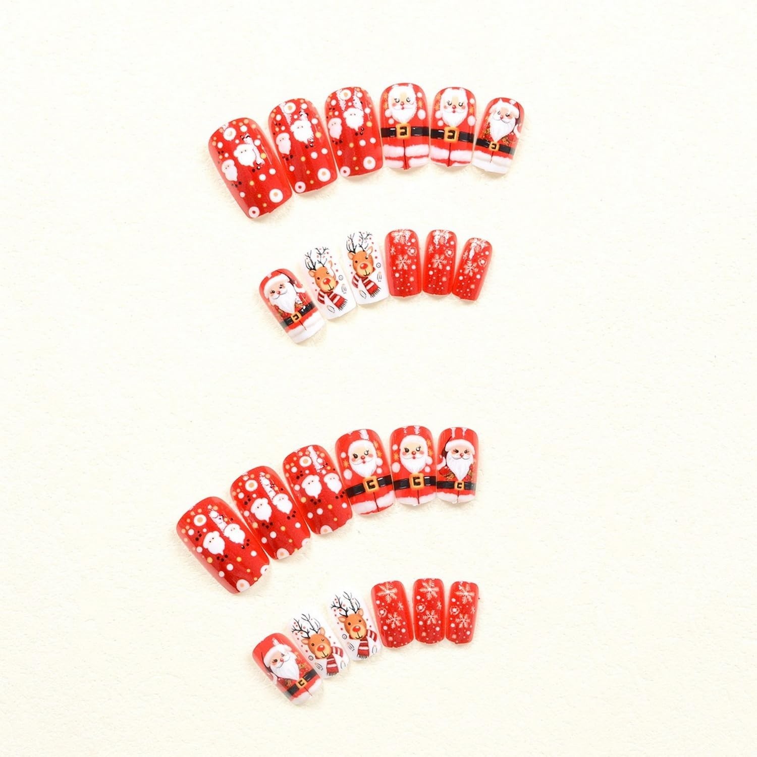 Festive Christmas Red Glossy Press-On Nails with Santa & Snowflake Designs