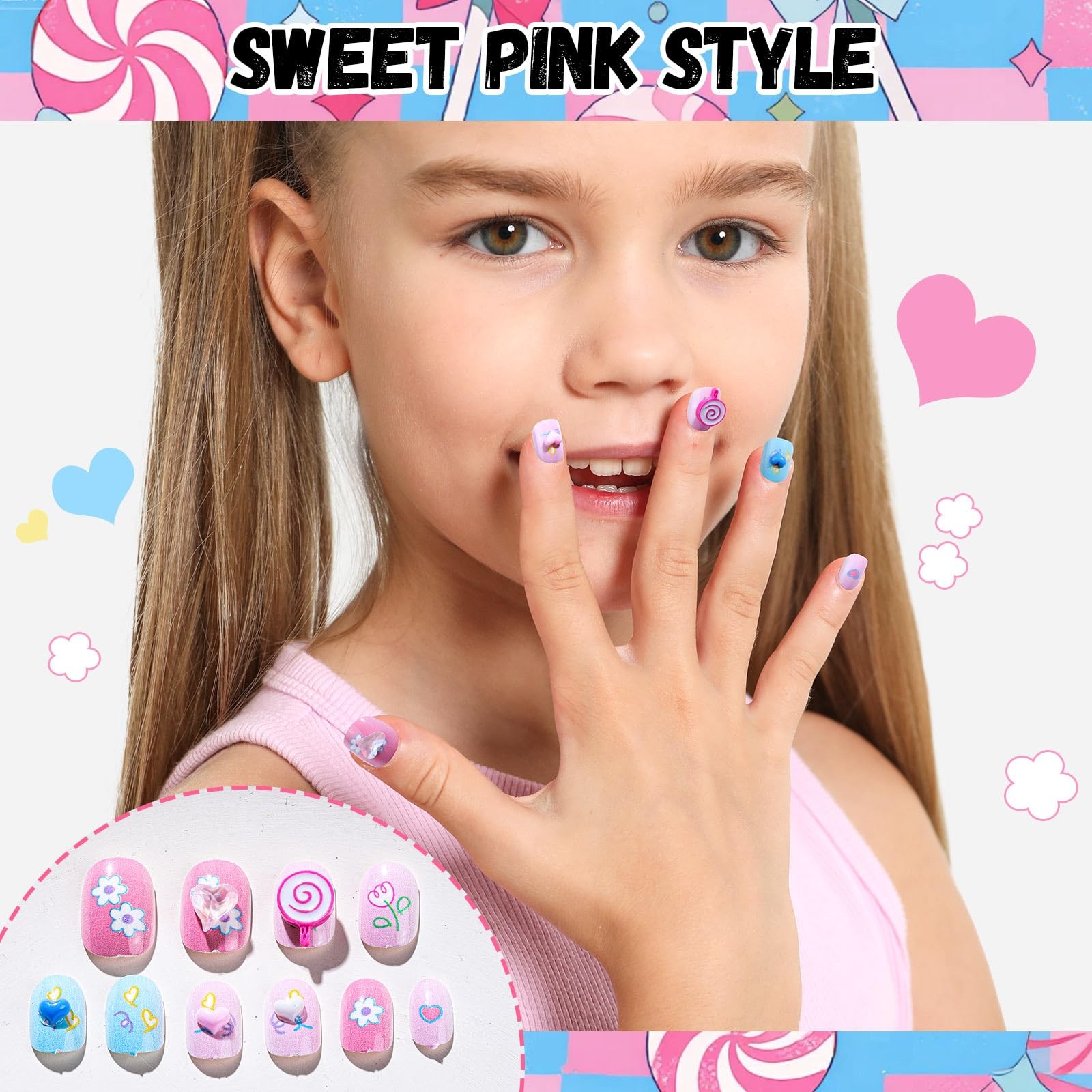 FANDAMEI Press on Nails for Girls, 6 Styles 144PCS Small, Multicolor