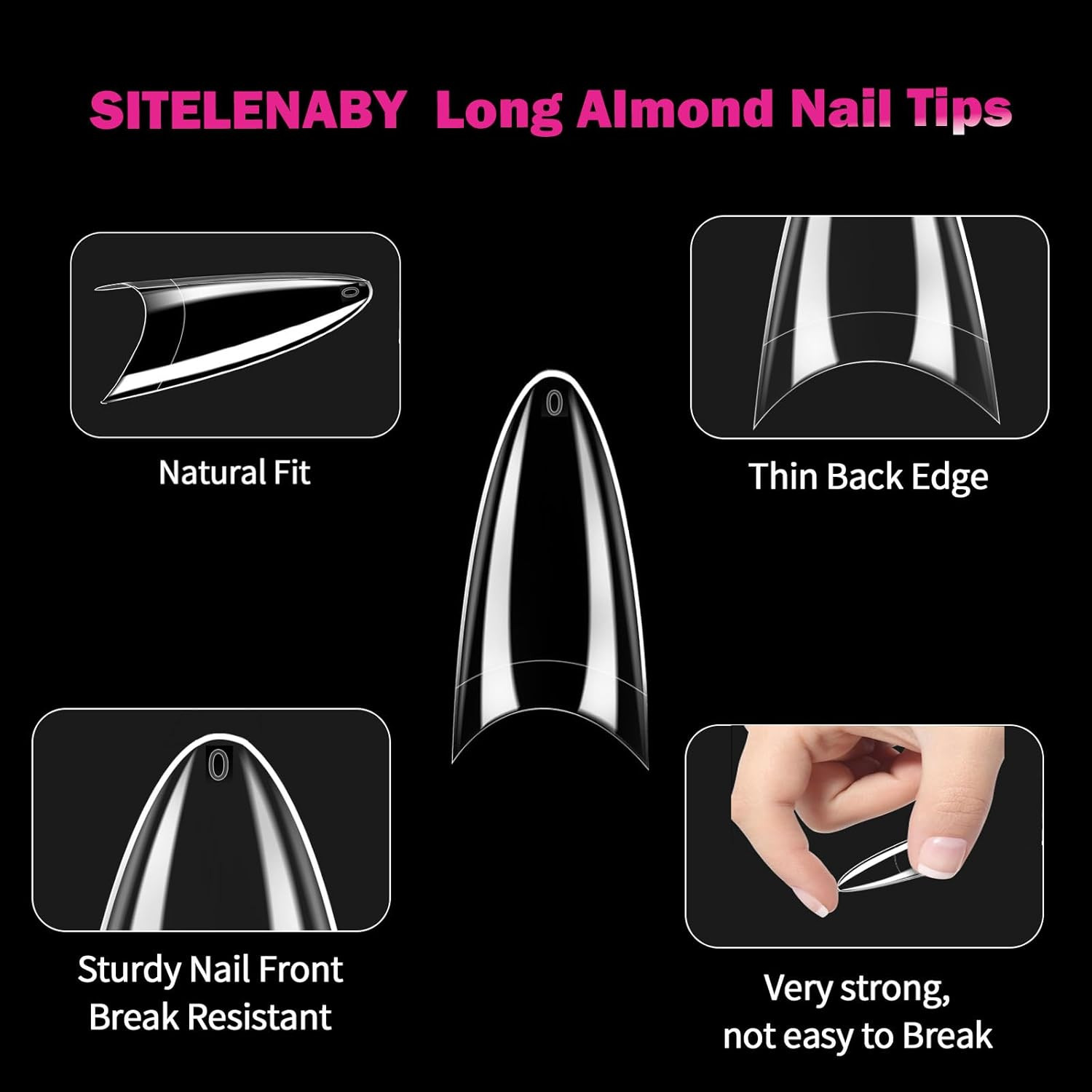 Long Almond Nail Tips,300Pcs Soft Gel Pre-Shaped Acrylic Nail Tips X Half Cover