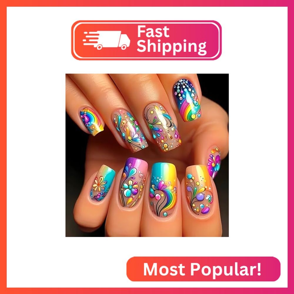 24 Pcs Square Press on Nails Medium Length Fake Nails Colorful Flower False Nail