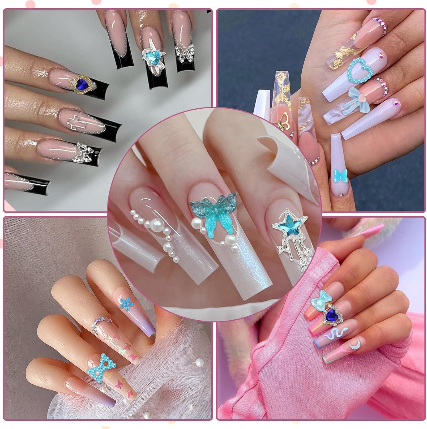 650Pcs 3D Nail Charms Set with Rhinestones, Pearls, and Metal Gems (Blue)