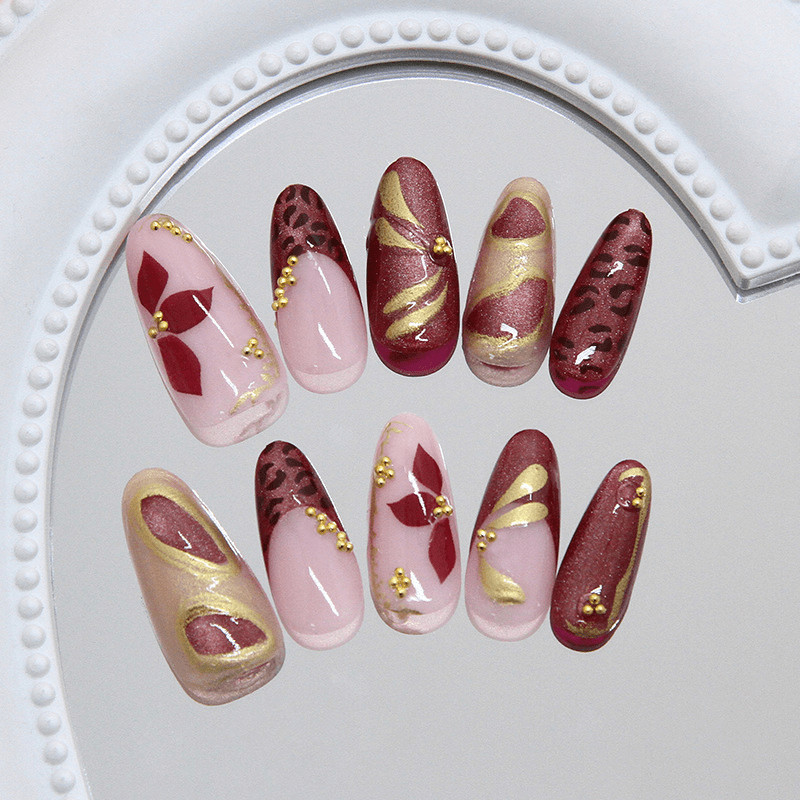 48pcs Wine Red Cat Eye Gold Foil Metal Nails, Retro Luxury Press on Nails