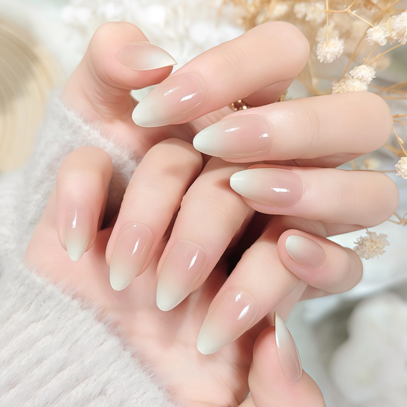 48pcs Medium Almond Press On Nails, Nude To Light Green Ombre Design, Glossy