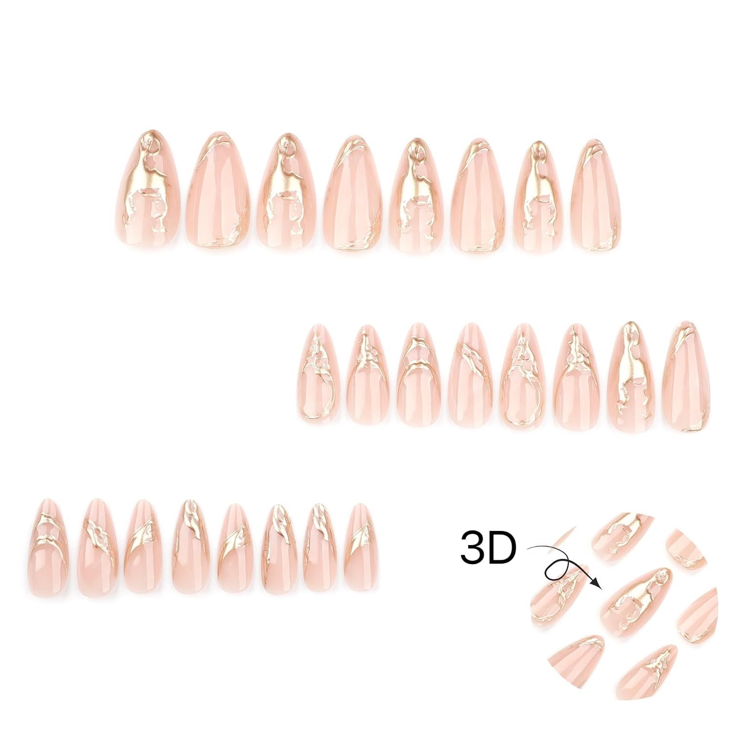 Glossy Gold Almond Fake Nails – 24 Pcs Full Cover Design for Effortless Glam