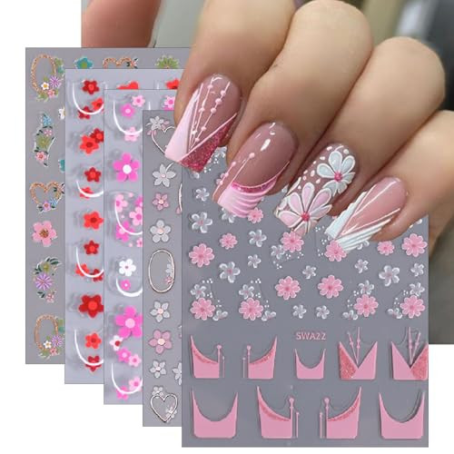 5 Sheets Flower Nail Art Stickers 3D Self Adhesive Daisy for Nails Spring