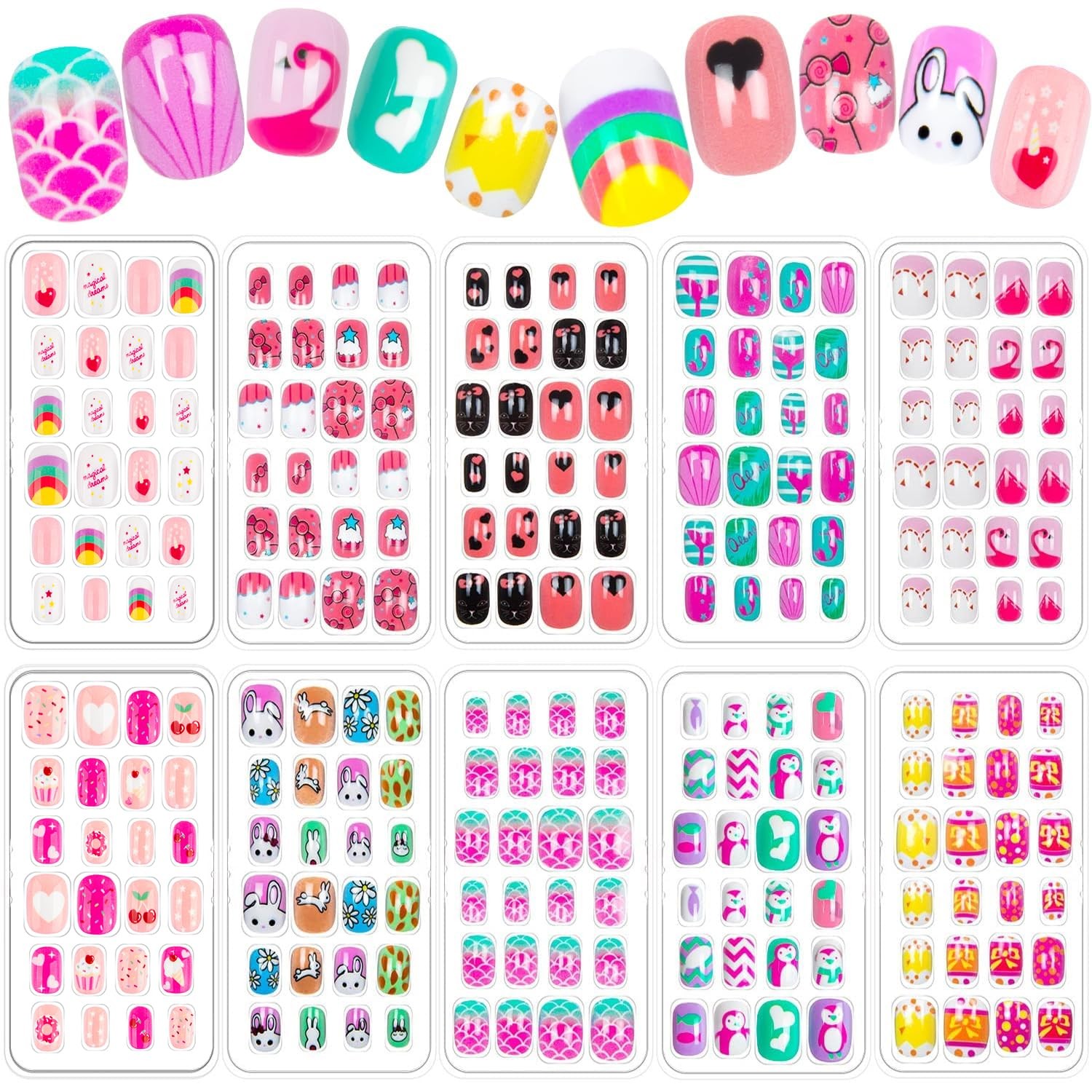 240 Pieces Fake Nails for Kids Girls Artificial Press Large, Multicolor