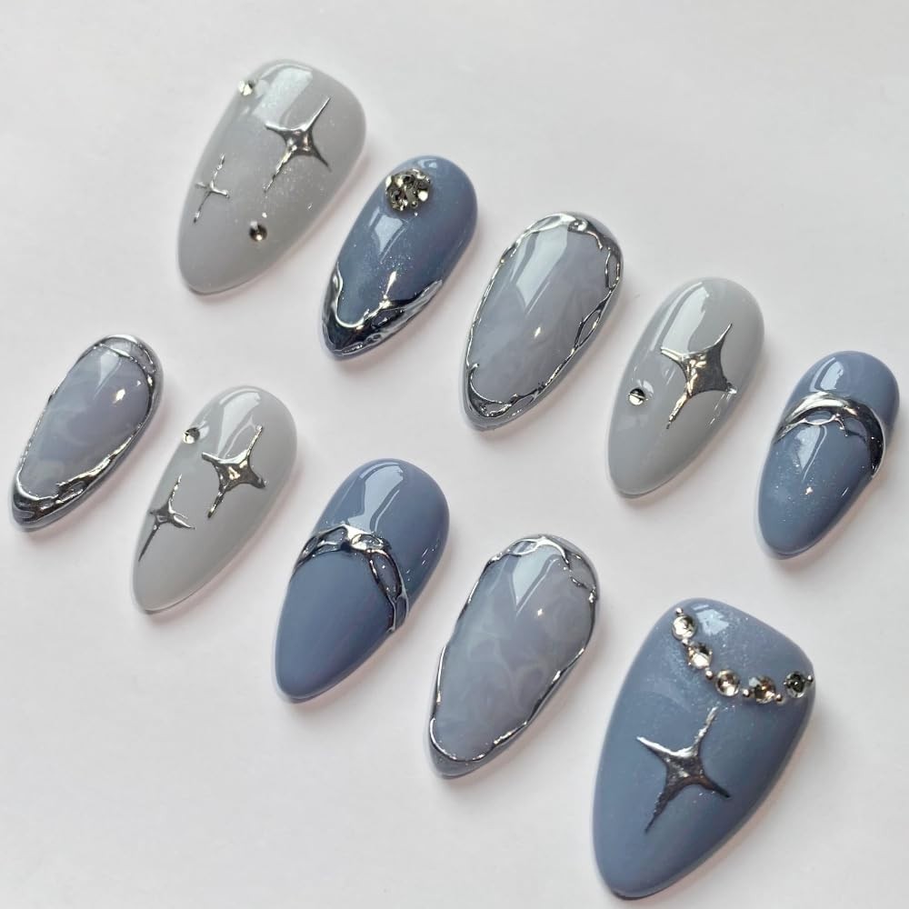 Handmade 3D Press On Nails – Short Almond Shape, 10 Pcs Reusable ABS, French Des