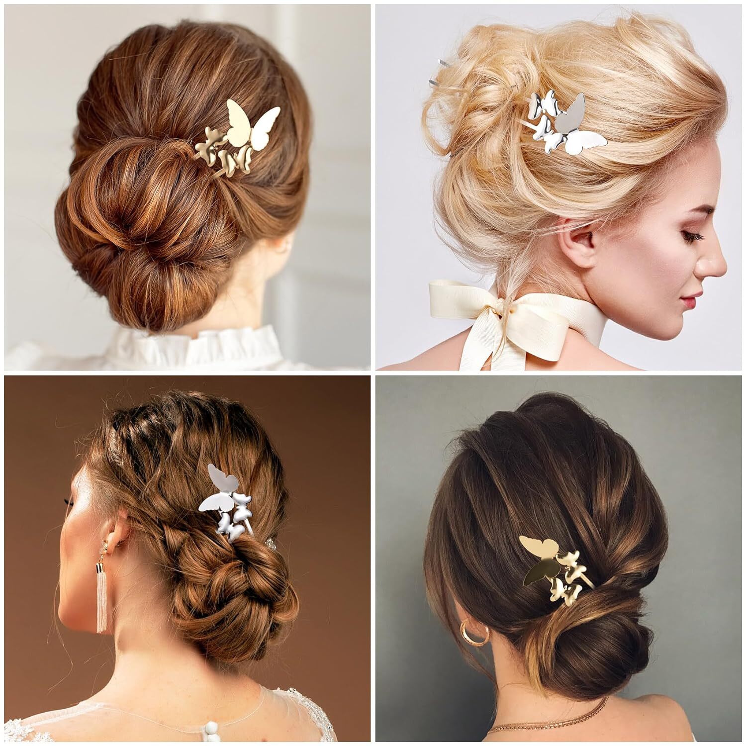2pcs Butterfly U Shaped Hair Pins Metal French Retro Fork gold+sliver