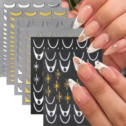6 Sheets French Tip Nail Art Stickers 3D Self-Adhesive Metal Strip french lines