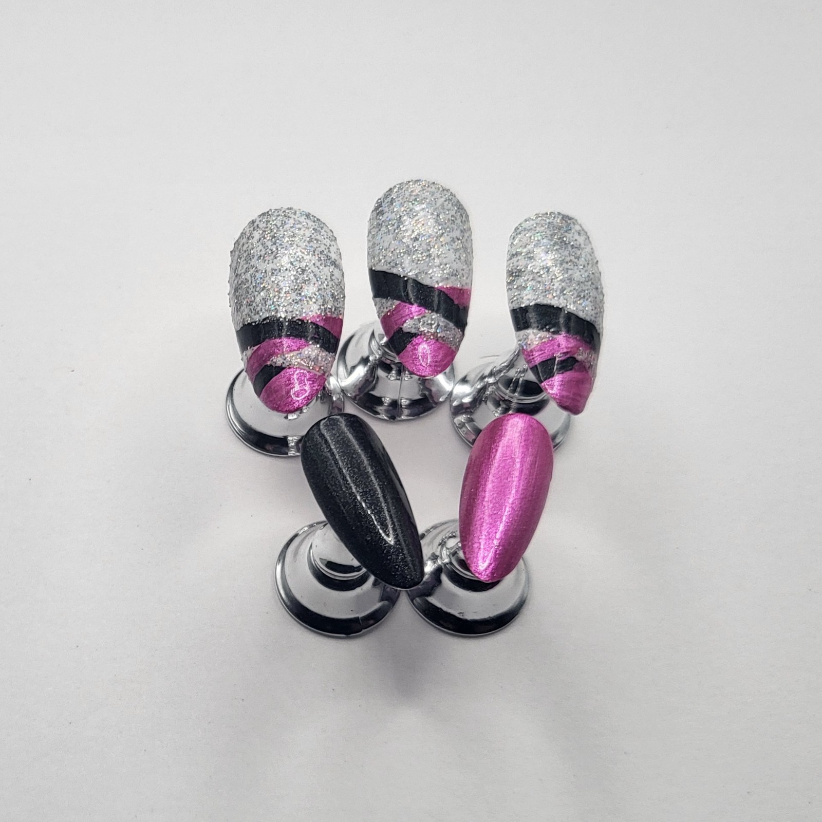 Handmade Pink Silver Glitter Press On Nails Medium Almond | Bind