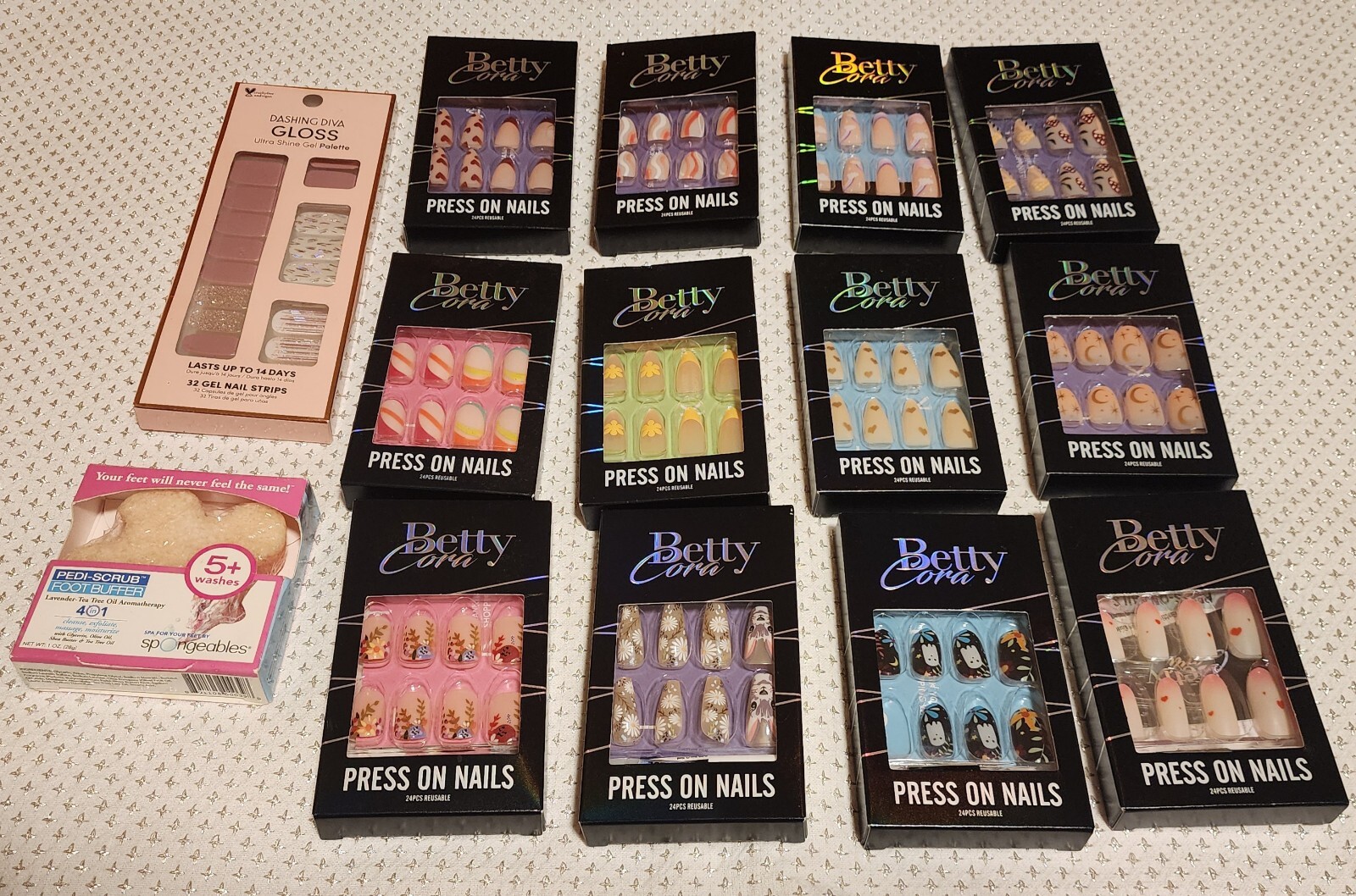 Lot 12 Sets Betty Cora Press On Nails NIB Hearts Rainbows Bunny Mushrooms Ghosts
