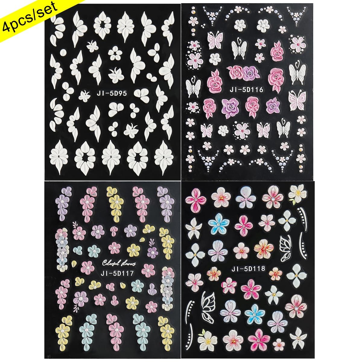 Pegatinas de flores para uñas, 4 hojas 5D con relieve floral flores acrílicas 3D