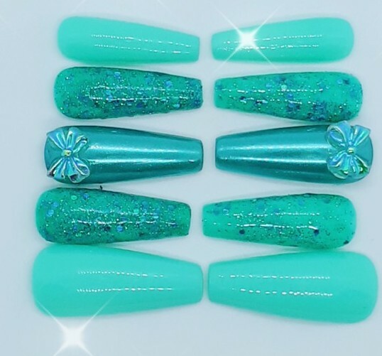 Turquoise Teal Blue Nails Kawaii Bow Glitter Nails-Clearance