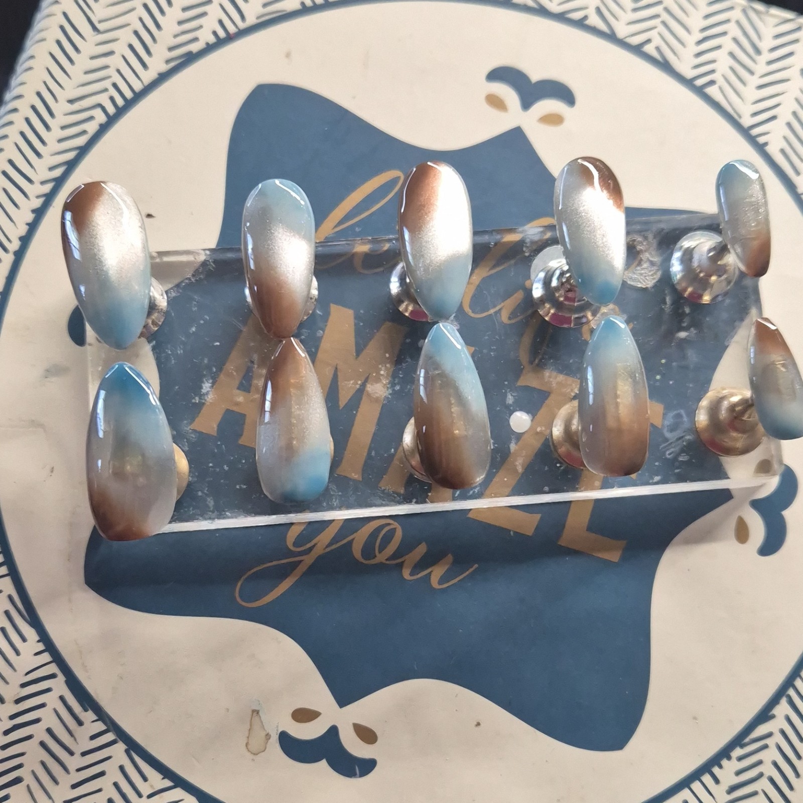 Blue Brown White Abstract Shiny Almond Press-On Nails Pre-Designed Full Cover