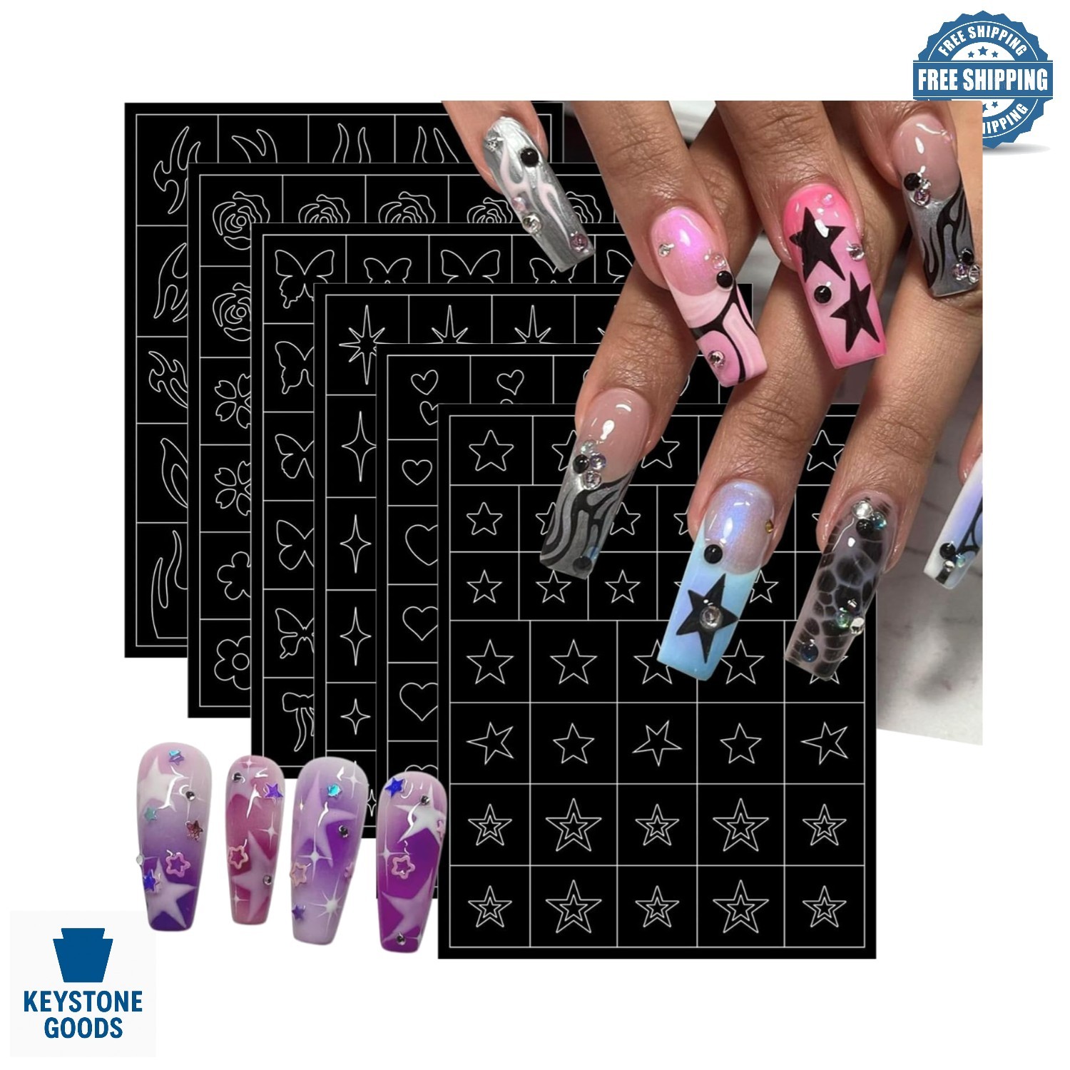 6 Sheets Colorful 3D Nail Art Stickers & Stencils for French & DIY Manicure