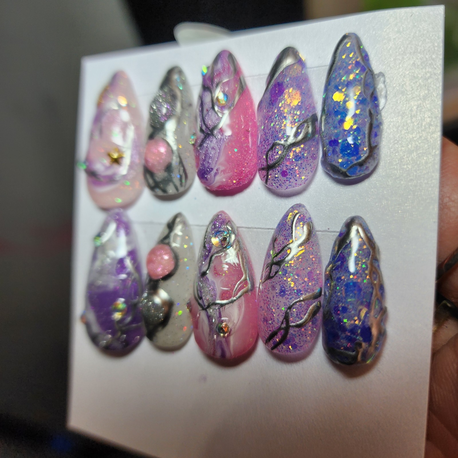 Handmade Medium Size Medium Length Stiletto Acrylic Press-ons W/Chrome Celestial