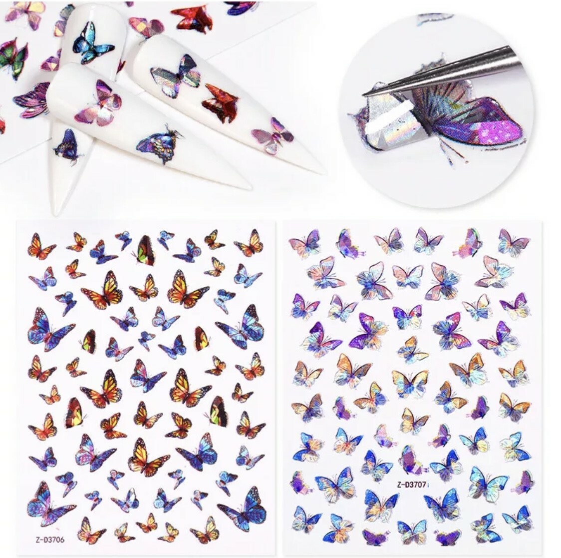 3D Nail Art Sticker Laser Holographic Butterfly Decals Manicure Peel & Stick